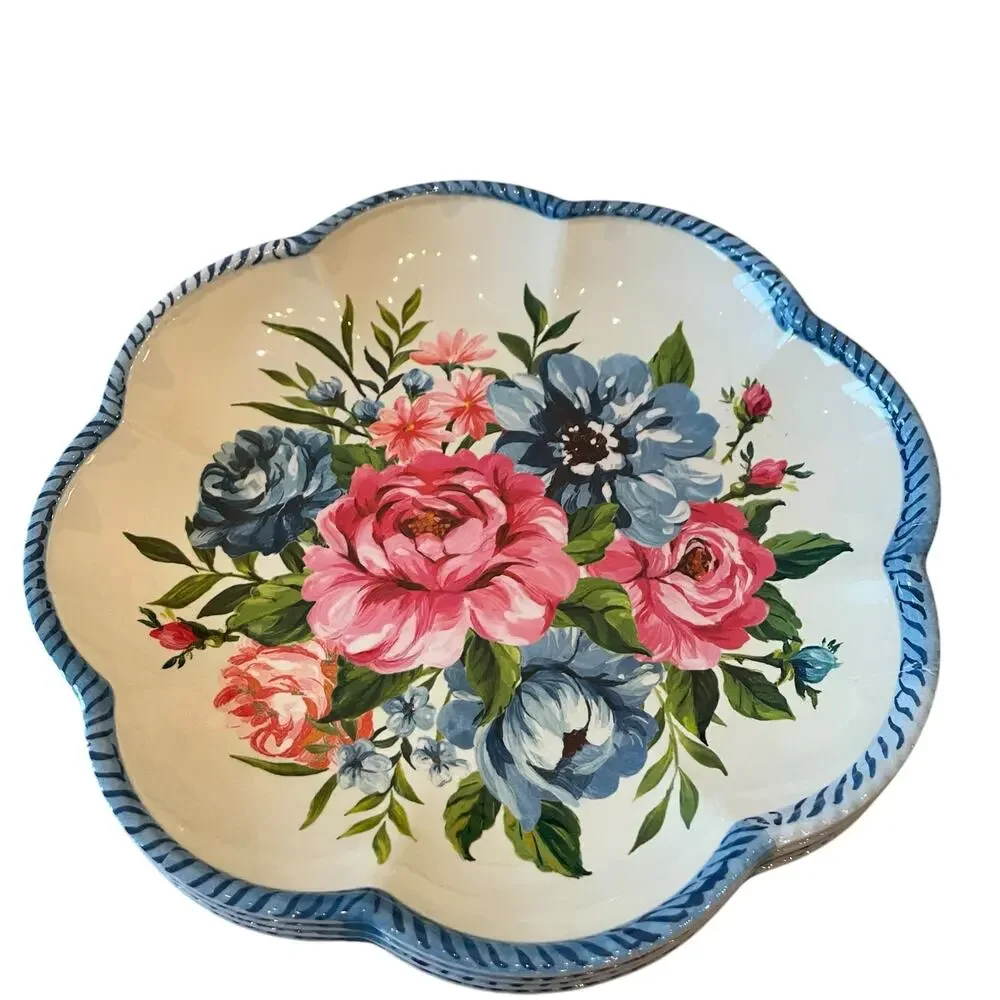NEW Shabby Chic Floral Melamine Salad Plates 9in Set of 4 Scalloped Blue Border